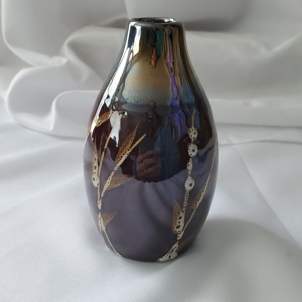 VTG Ceramic 5" Vase With Metallic Finish Brown with Wheat Design Bud Vase - Picture 7 of 12